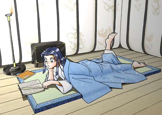 孝標女がやっとの思いで源氏物語全帖を入手し、日夜耽読する場面。